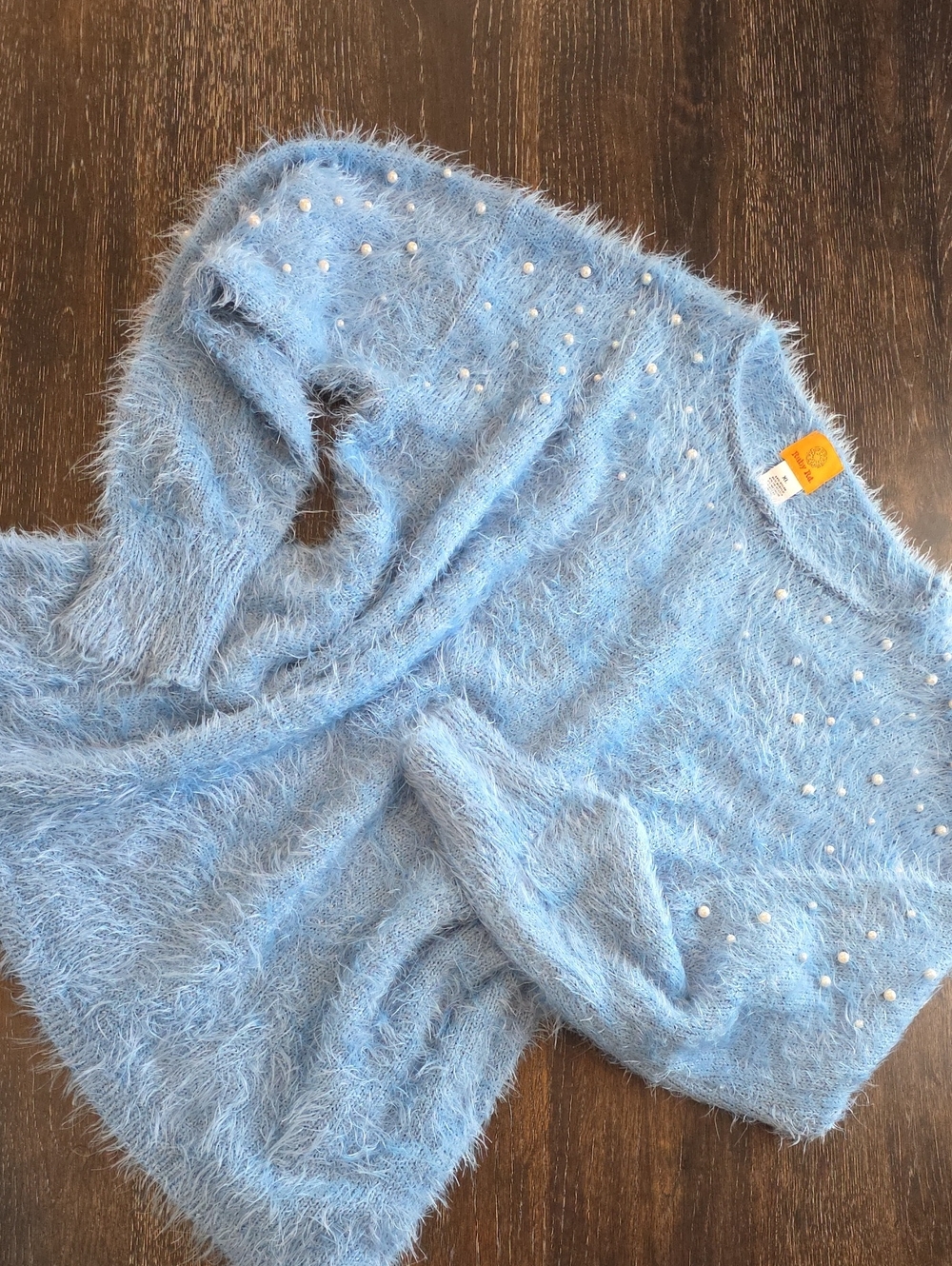 Ruby Rd. Pale Blue Fuzzy Crewneck Sweater with Pearl Details